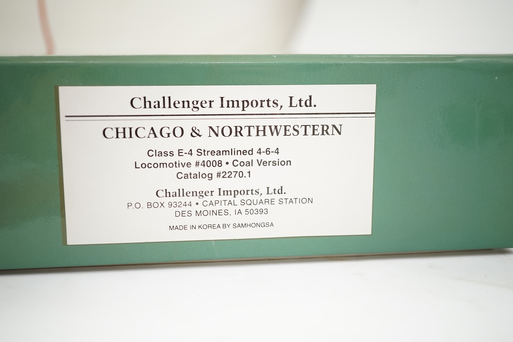 A boxed HO gauge Challenger Imports Ltd. model of Chicago and North Western Class E-4, 4008, streamlined 4-6-4 locomotive with bogie tender, powered for two rail operation.